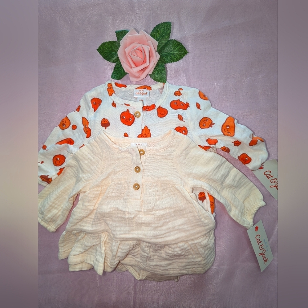 NWT Carter's Pumpkin Print Onesie and Cream Dress Muslin